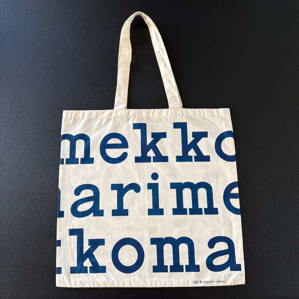 Marimekko Tote Bag Women OS Cream Navy Blue Organic Cotton Logo Promotional